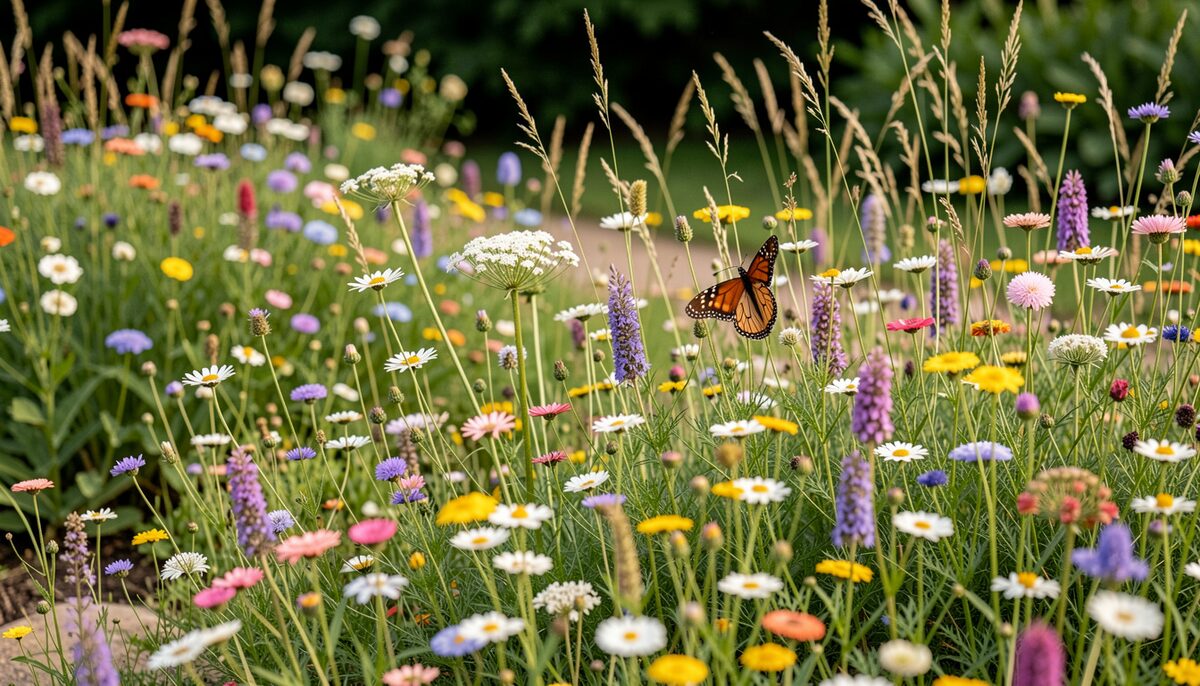 A garden bed filled with blooming native wildflowers and grasses, with a butterfly visiting.