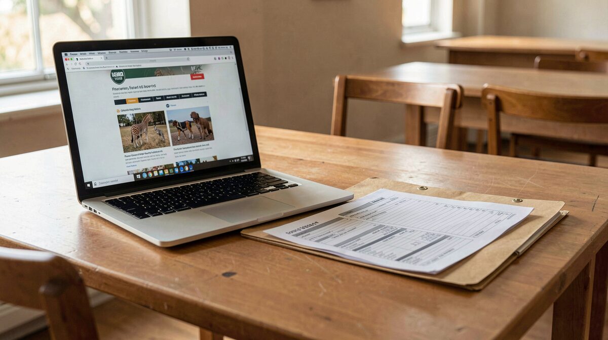 A quiet reading room table with an open laptop showing an archived webpage, next to a manila folder of printed veterinary forms, in soft afternoon window light, straight-on framing.