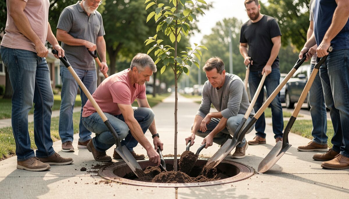 People planting a young tree in a sidewalk cutout while others watch and hold shovels.