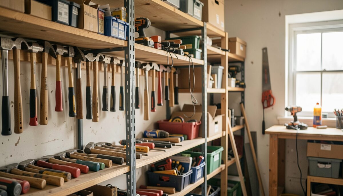 Shelves filled with various tools like hammers, drills, and saws in a workshop setting.