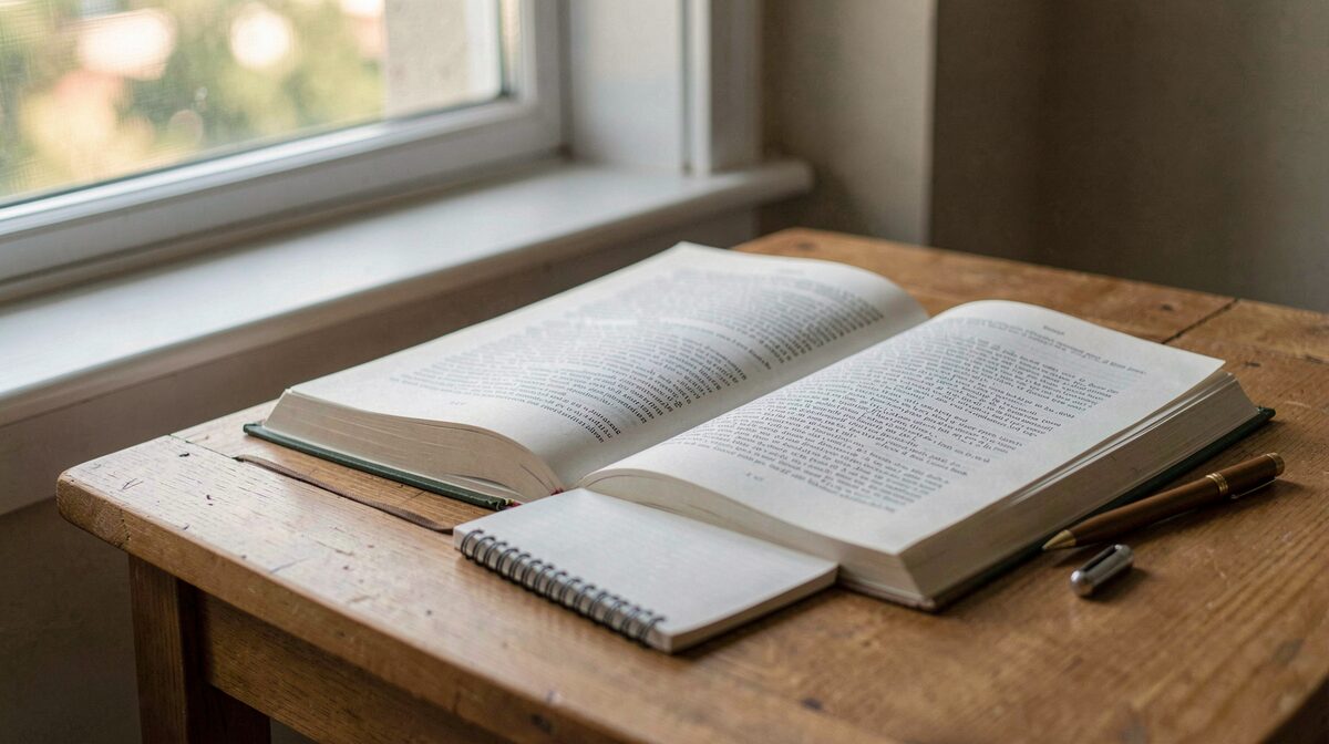 A quiet reading table beside a window with soft morning light, an open Italian book and a notebook in frame, shot from a slight side angle.