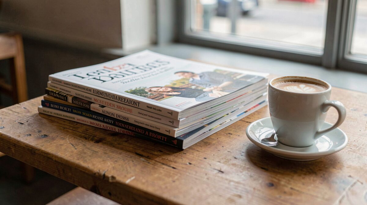 A stack of Dutch-language magazines on a wooden cafe table beside a coffee cup, lit by soft morning window light, shot close-up at a slight angle.