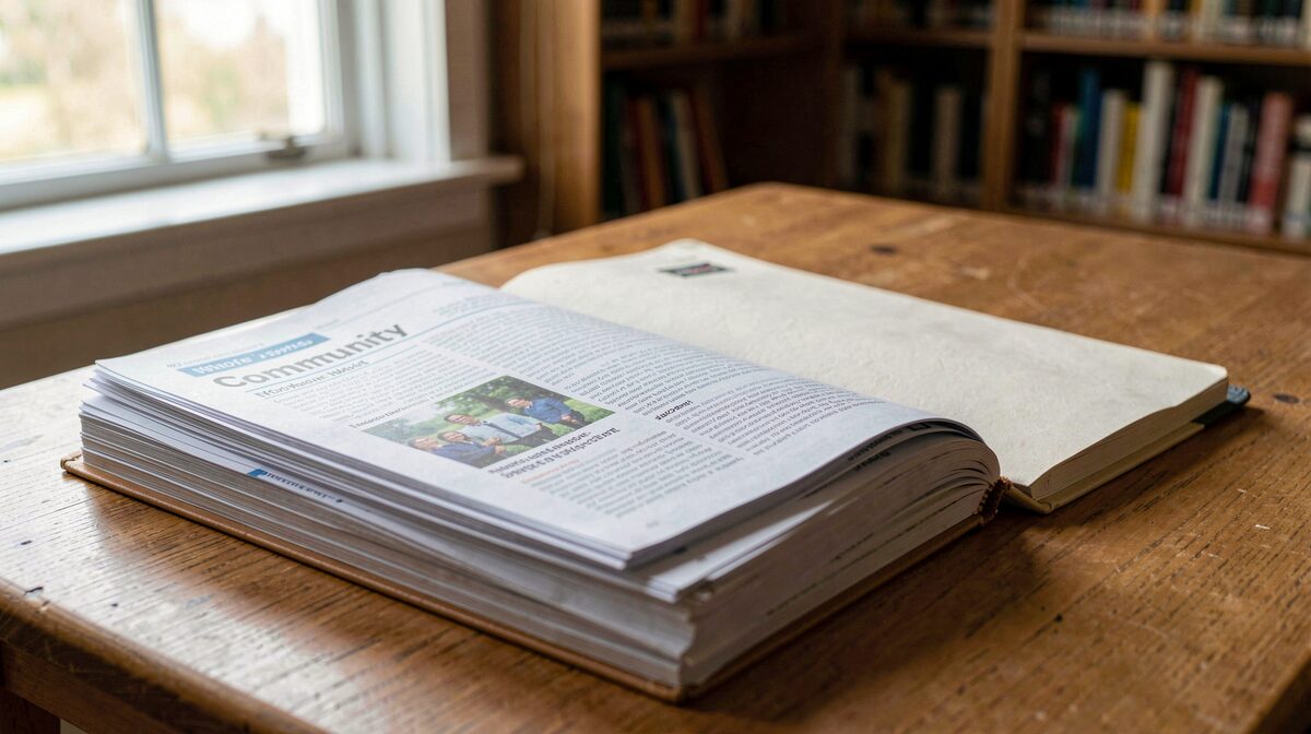 A stack of community newsletters and a notebook on a wooden library table, morning light from a nearby window, close framing on the open pages.