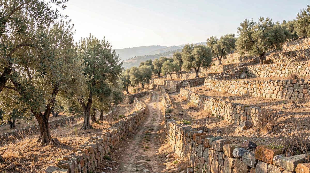 A quiet morning view of a dry stone terraced hillside in rural Valencia, with a narrow footpath winding through olive trees, soft sunlight, wide landscape framing.