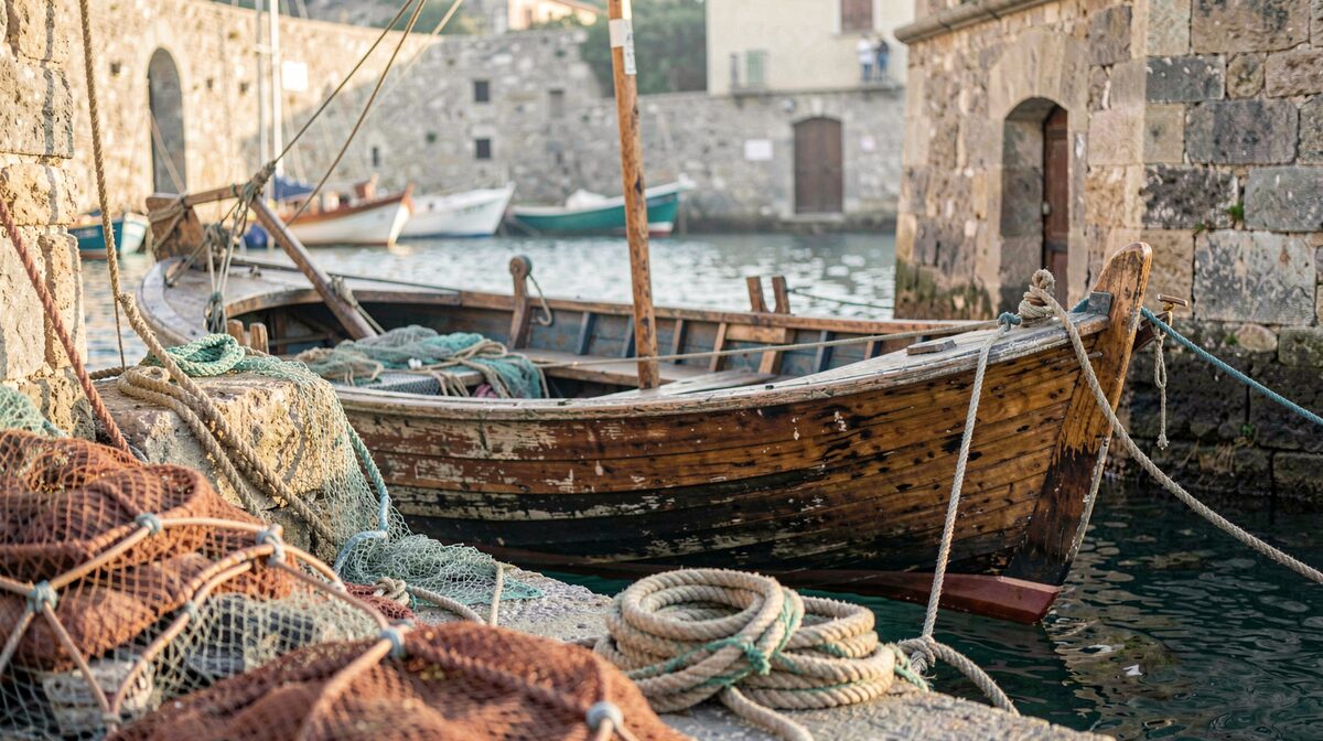 A weathered wooden fishing boat tied at a small Italian harbor wall in early morning light, photographed close with nets and coiled rope in the frame.