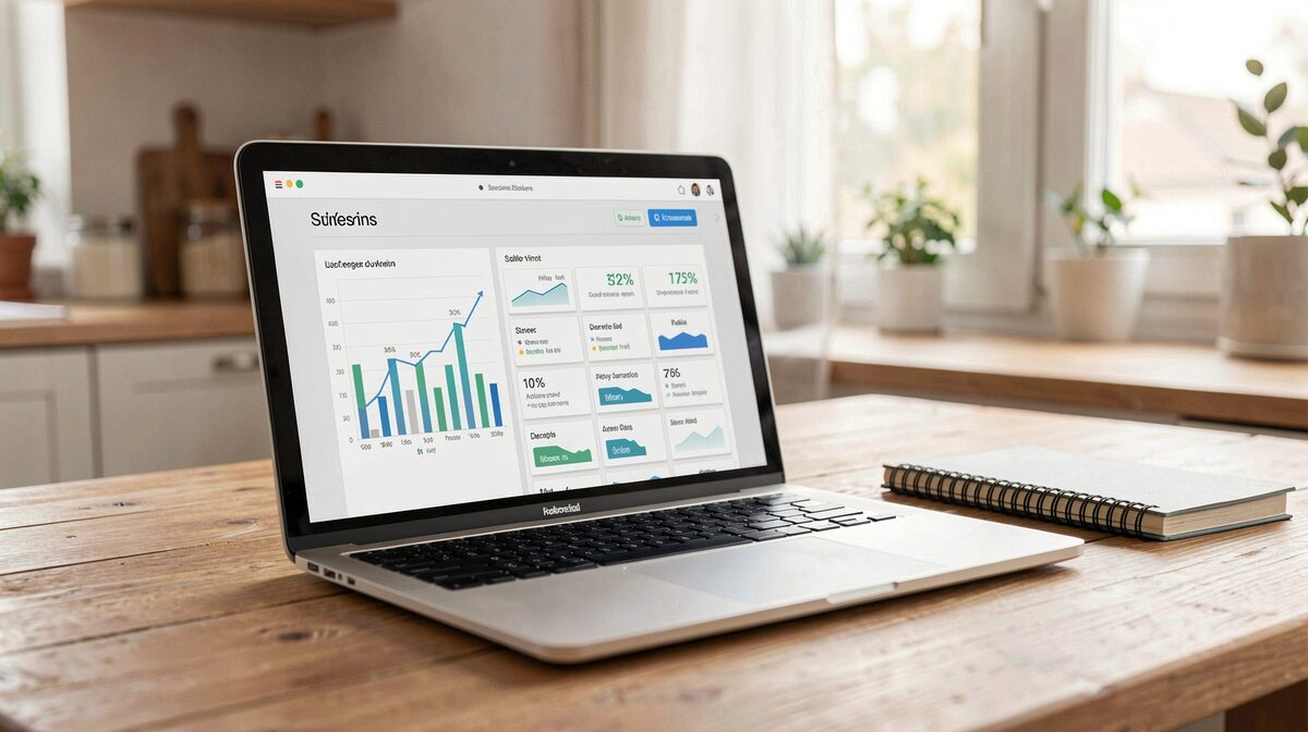 A laptop on a wooden kitchen table showing a simple analytics dashboard, morning light from a side window, framed close on the screen and a notebook beside it