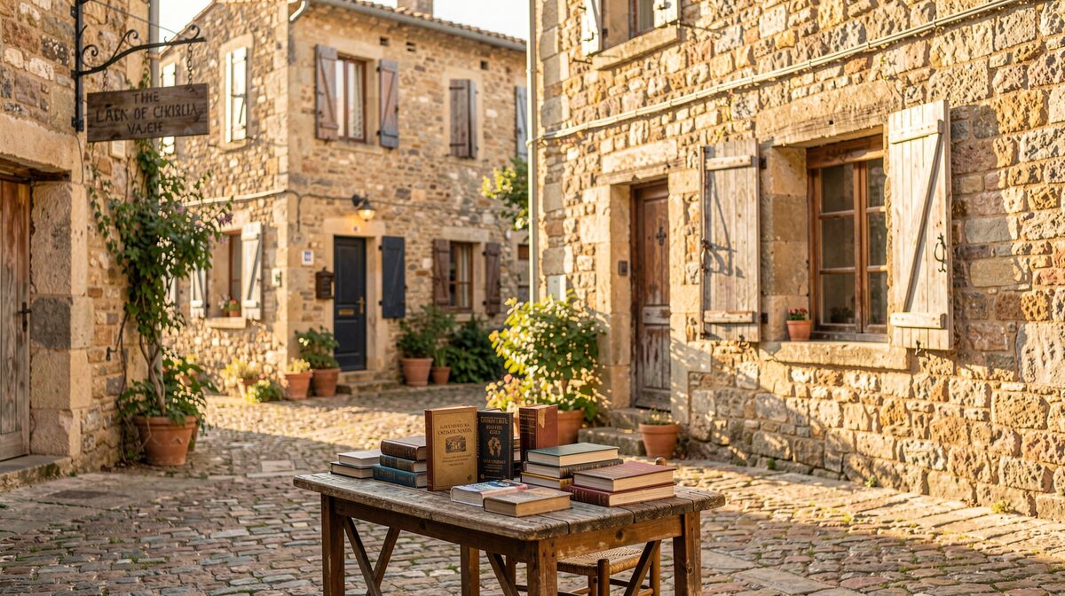 A sunlit stone village square in southern France with an old wooden sign, shutters, and a table of heritage books, photographed in warm late afternoon light from a slight distance.