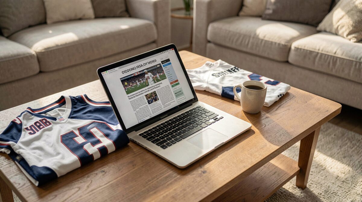A coffee table in a sunlit living room with a laptop open to an article page, a folded football jersey beside it, shot from above in soft morning light.